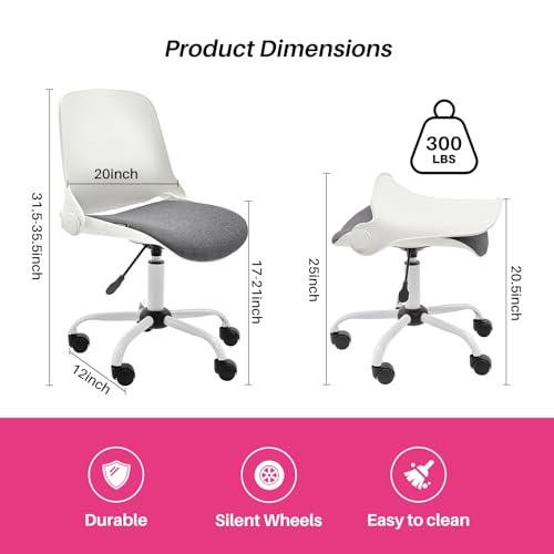 Redlife Small Desk Chair, Armless Office Chair, Ergonomic Office Chair Cross Legged Small Desk Chair for Small Space, Height Adjustable Folding Office Chair for Home Office (White)