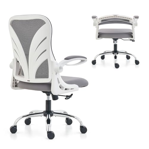 Ergonomic Office Chair with Foldable Backrest, Computer Desk Chair with Flip-up Armrests, Mesh Lumbar Support and Tilt Function Big and Tall Office Chair, White