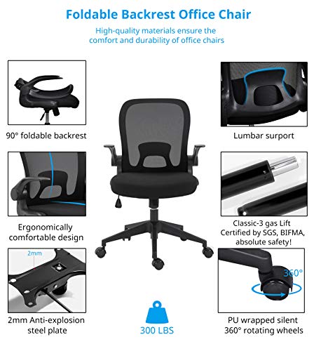 Ergonomic Office Chair Mesh with Foldable Backrest, Mesh Home Office Computer Task Desk Chairs with Adjustable Arms and 360 Degree Universal Wheels (Black)