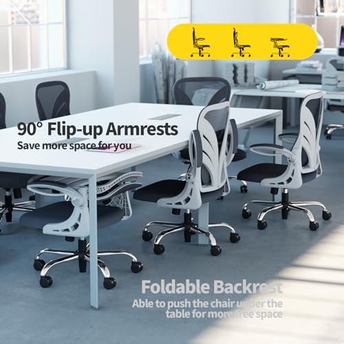 Ergonomic Office Chair with Foldable Backrest, Computer Desk Chair with Flip-up Armrests, Mesh Lumbar Support and Tilt Function Big and Tall Office Chair, White
