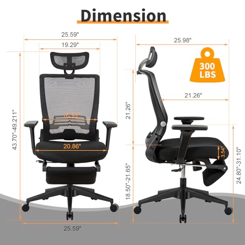 Foldable Ergonomic Office Chair with Footrest, High Back Computer Chair with 2D Headrest, Mesh Back, Sponge Seat, Adjustable Lumbar Support, 2D Armrest, Home Office Desk Chair, Black