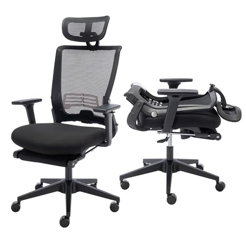 Foldable Ergonomic Office Chair with Footrest, High Back Computer Chair with 2D Headrest, Mesh Back, Sponge Seat, Adjustable Lumbar Support, 2D Armrest, Home Office Desk Chair, Black