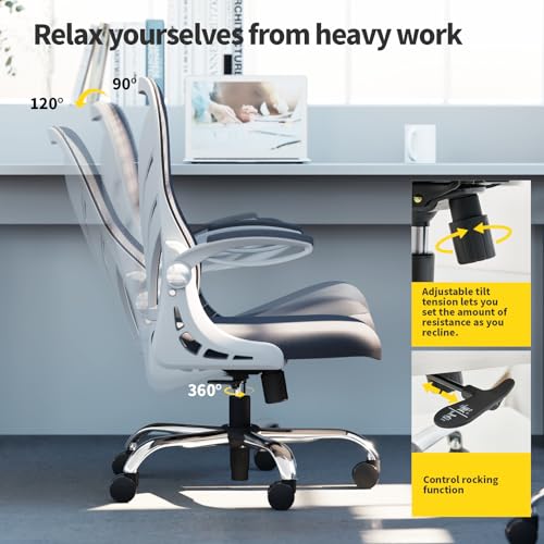 Ergonomic Office Chair with Foldable Backrest, Computer Desk Chair with Flip-up Armrests, Mesh Lumbar Support and Tilt Function Big and Tall Office Chair, White