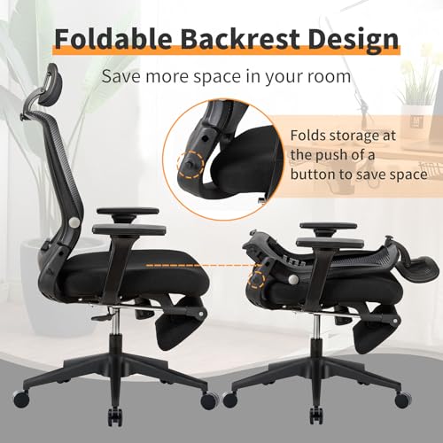 Foldable Ergonomic Office Chair with Footrest, High Back Computer Chair with 2D Headrest, Mesh Back, Sponge Seat, Adjustable Lumbar Support, 2D Armrest, Home Office Desk Chair, Black