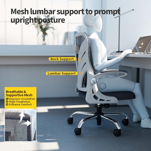 Ergonomic Office Chair with Foldable Backrest, Computer Desk Chair with Flip-up Armrests, Mesh Lumbar Support and Tilt Function Big and Tall Office Chair, White