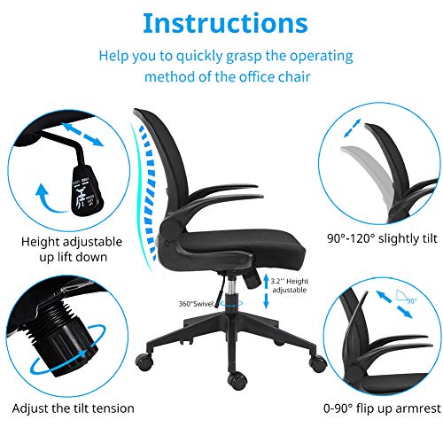 Ergonomic Office Chair Mesh with Foldable Backrest, Mesh Home Office Computer Task Desk Chairs with Adjustable Arms and 360 Degree Universal Wheels (Black)