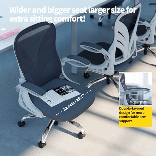 Ergonomic Office Chair with Foldable Backrest, Computer Desk Chair with Flip-up Armrests, Mesh Lumbar Support and Tilt Function Big and Tall Office Chair, White