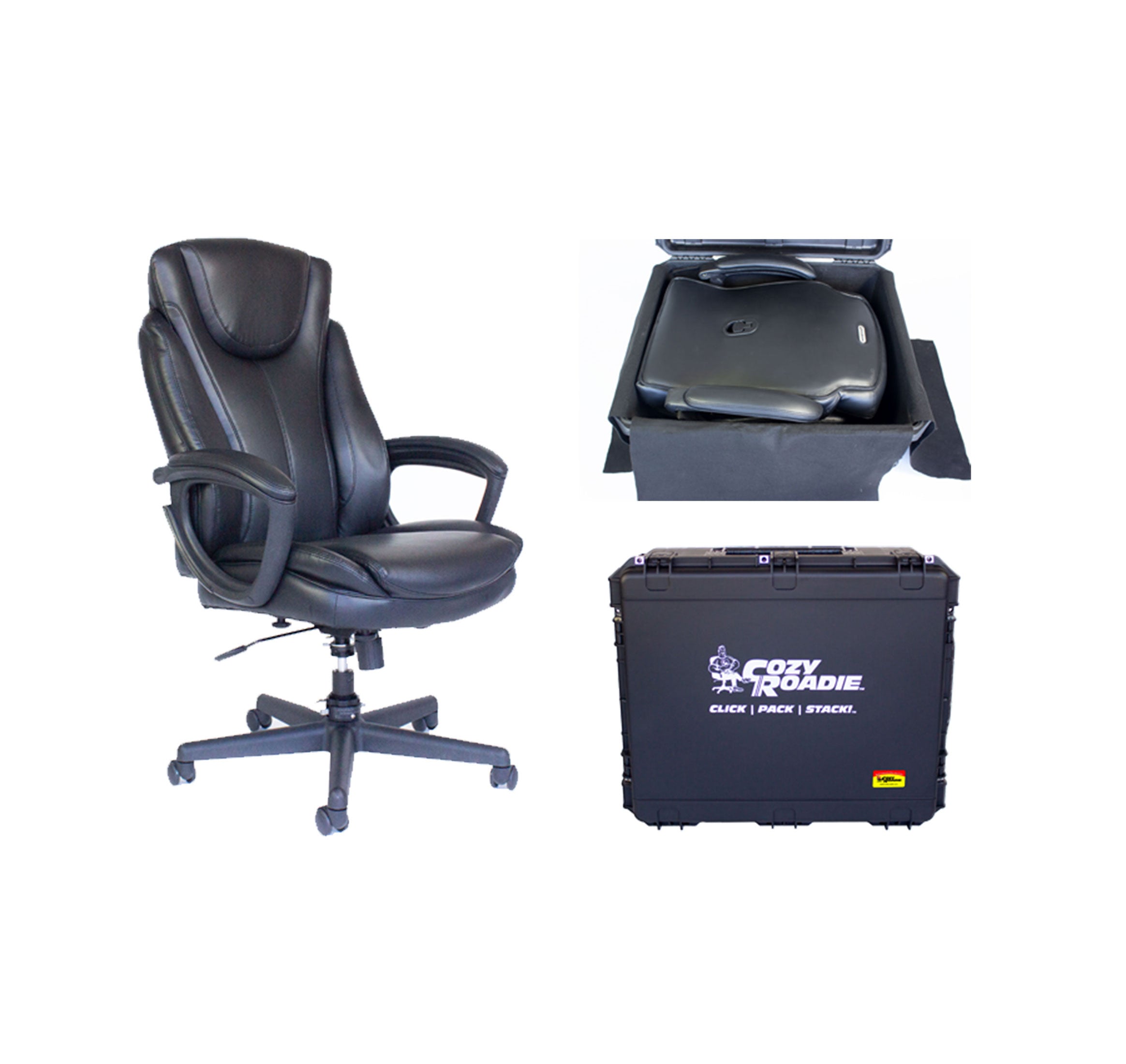 Cozy Roadie - Fully Portable Crew Chair bundle. shown with folded chair in case